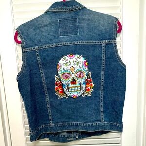 Denim Jean Jacket Vest with Rhinestone Colorful Skull Design Handmade size XL
